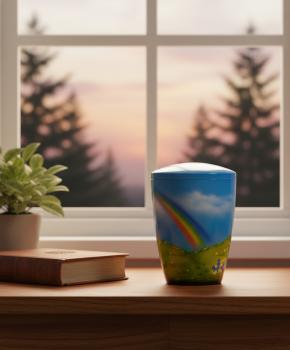 Preview: Light blue pet urn with rainbow over a blooming meadow. A colorful, dignified keepsake for your beloved darling. Create a stylish memorial at home – order yours today.